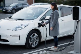 Žena priključuje električni automobil na stanici za punjenje